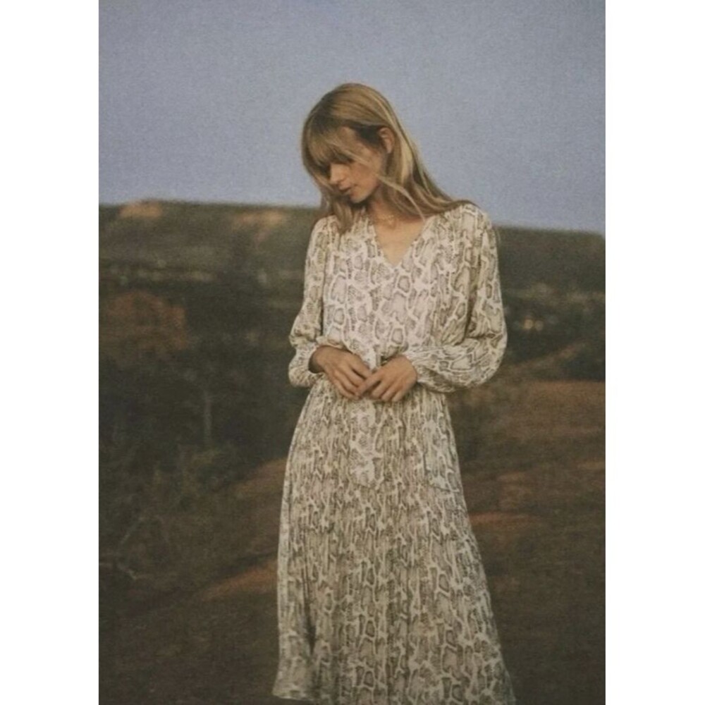 Anthropologie Current Air Olivia Snake Print Pleated Midi Dress Small Tie Neck
